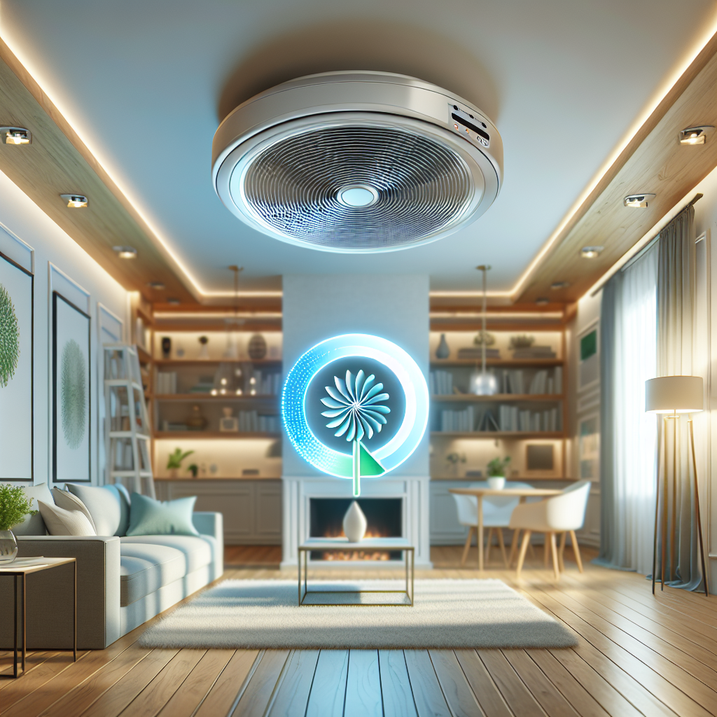 A modern home interior with a centralized ventilation system visible, showcasing energy-efficient technology and fresh air flow