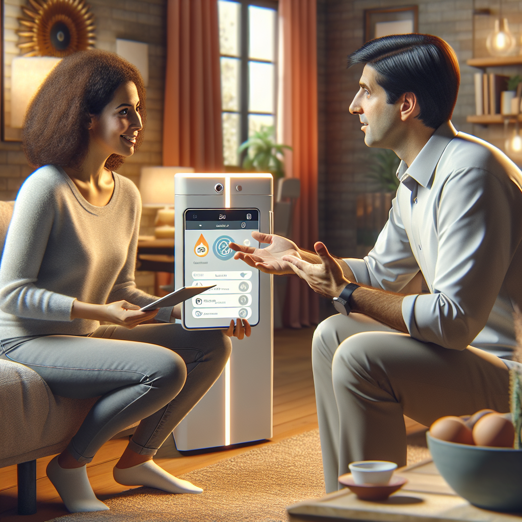A modern energy consultant discussing energy efficiency solutions with a homeowner in a cozy living room setting