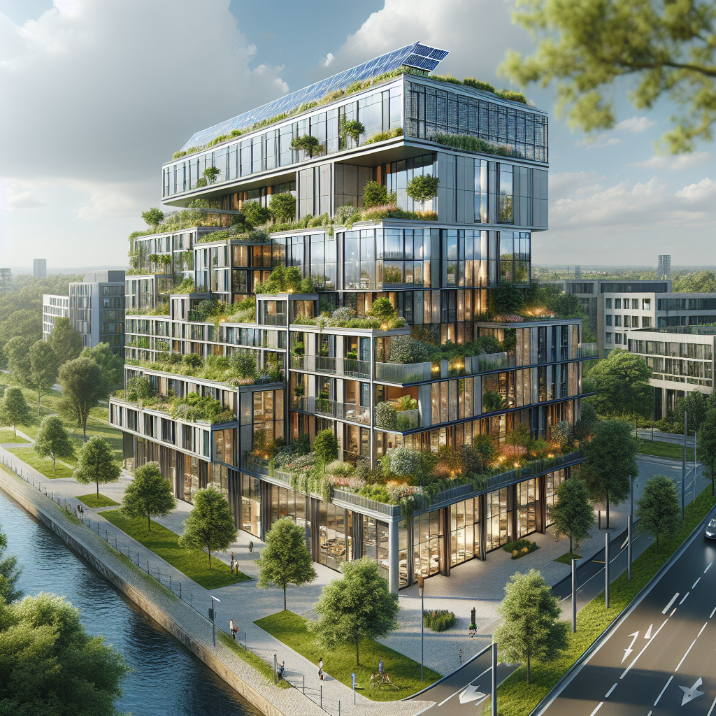 A modern energy-efficient building in Cologne with solar panels and greenery