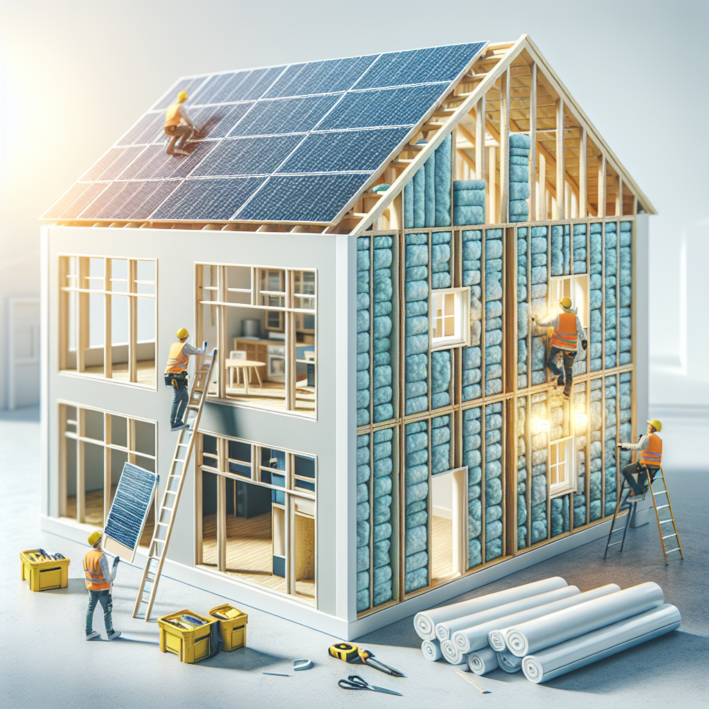 A modern energy-efficient building renovation process with solar panels and insulation