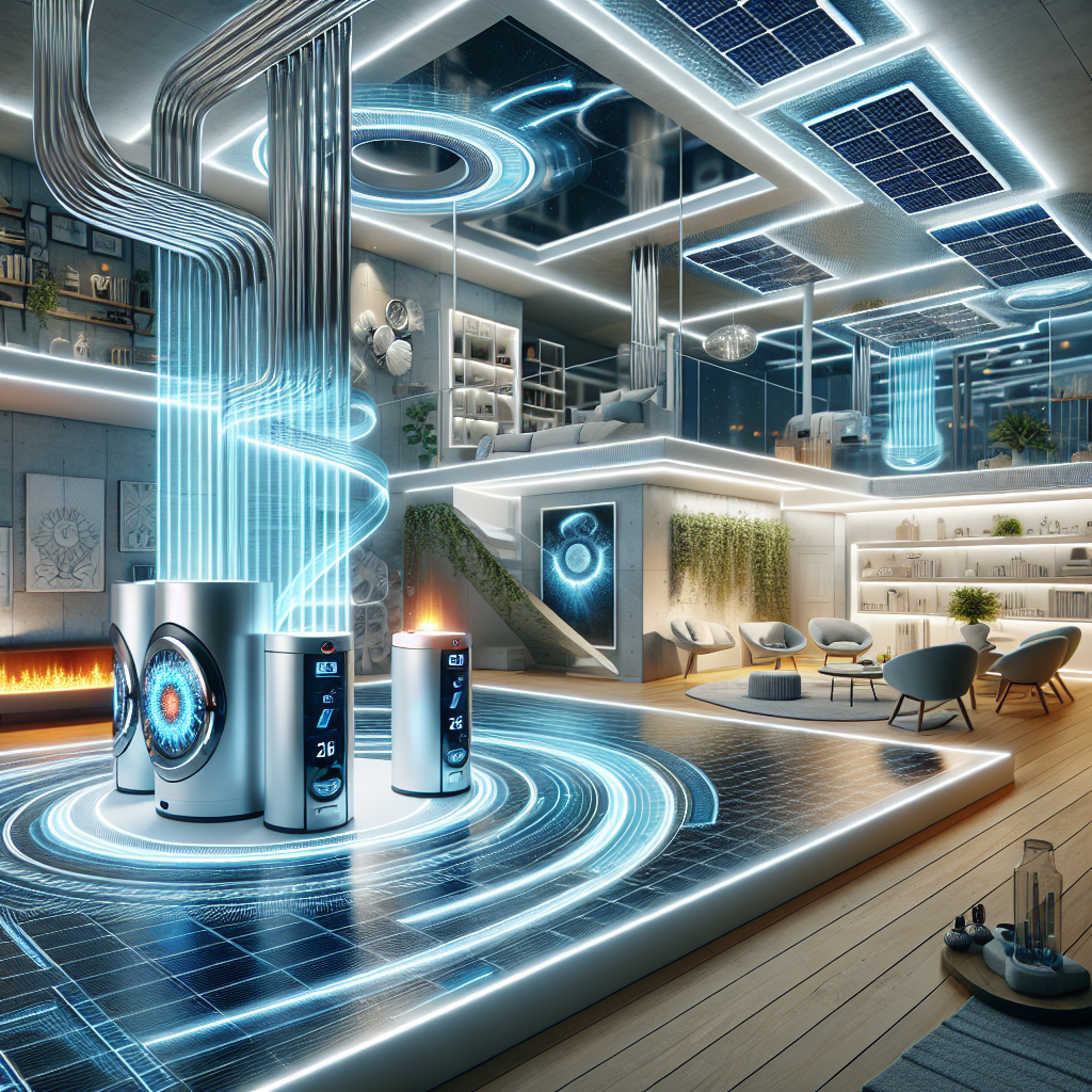 A futuristic heating system installation with solar panels and biomass heating units in a modern home setting