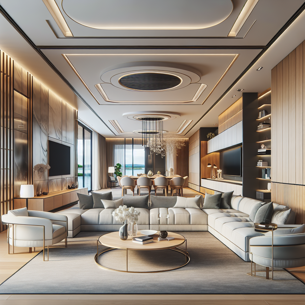 A luxurious modern living room featuring custom cabinetry, smart home integration, and an open-concept design with seamless indoor-outdoor transitions