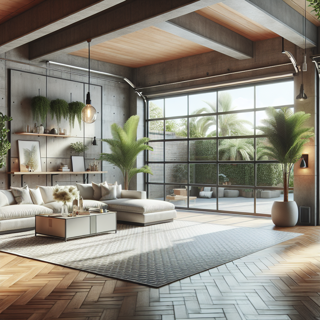 A beautifully converted garage living space featuring modern design elements, large windows for natural light, and cozy furniture arrangements.