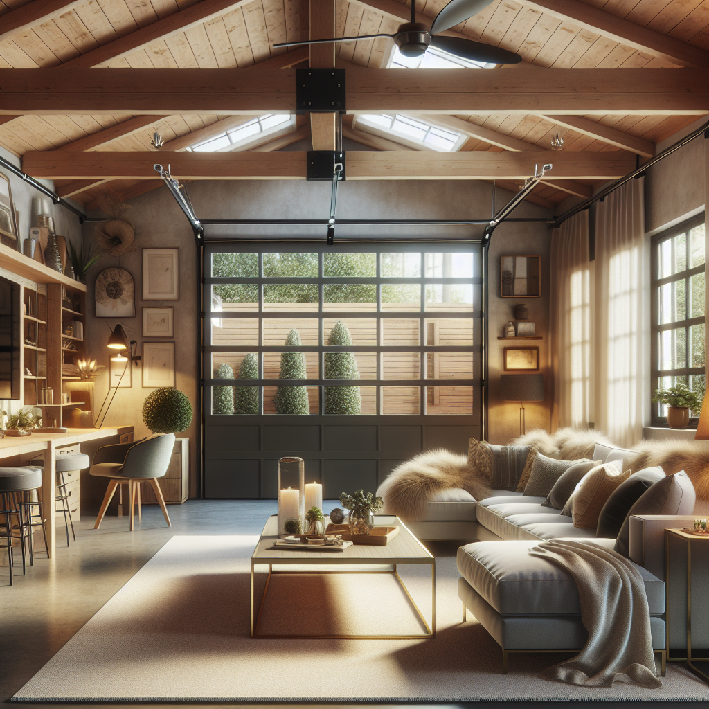 A beautifully converted garage into a modern living space with cozy furniture and natural light
