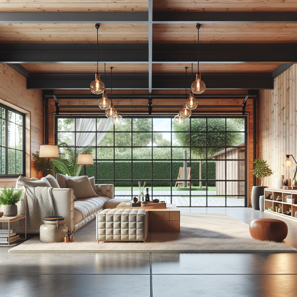 A stylish converted garage living space with modern design elements, showcasing cozy furniture, warm lighting, and large windows