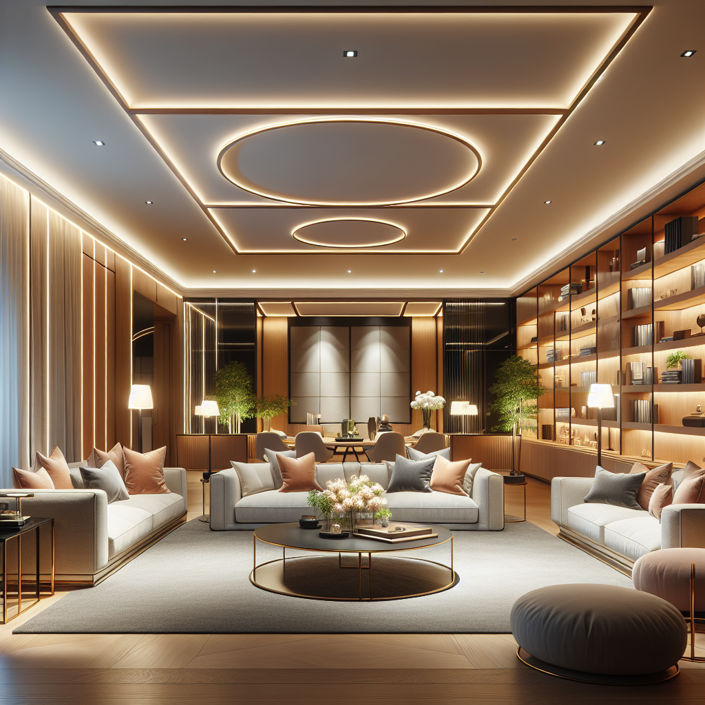 A beautifully remodeled living room showcasing modern design elements with warm lighting