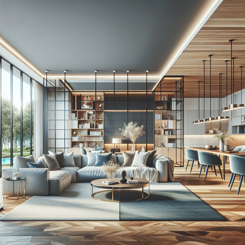 A beautifully designed modern home interior showcasing an open-concept layout with natural light, stylish furniture, and cohesive color schemes