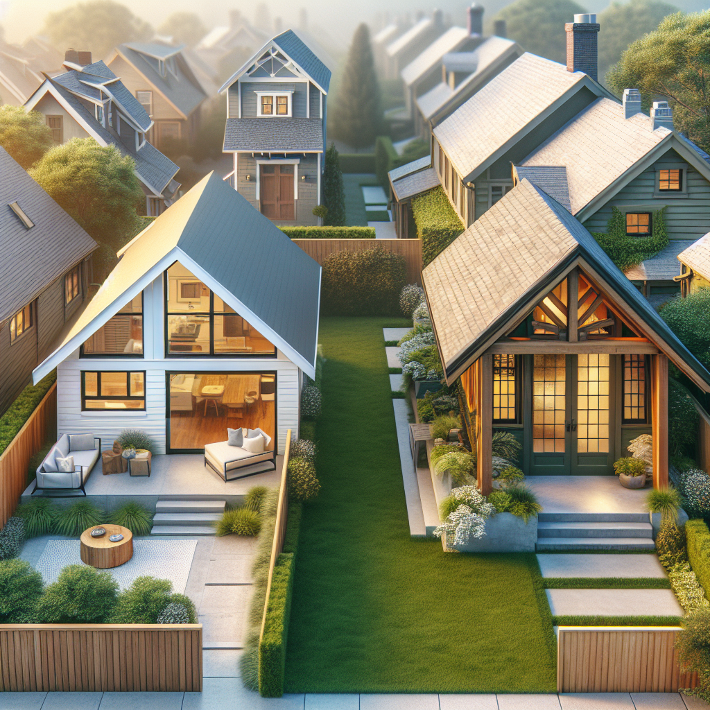 A beautiful backyard with a modern detached ADU next to a traditional home, showcasing both styles side by side