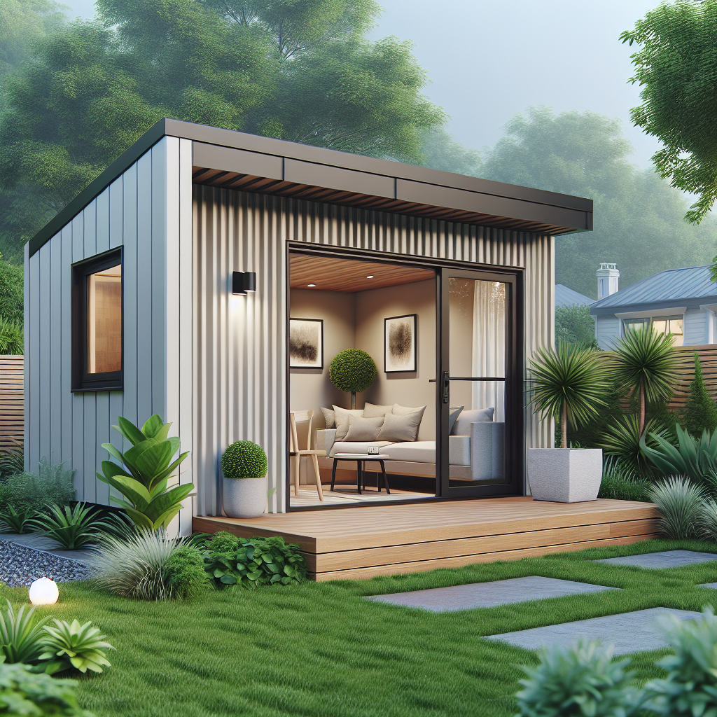 A modern detached accessory dwelling unit in a backyard setting with landscaping