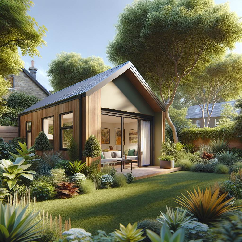 A modern detached accessory dwelling unit in a backyard setting with greenery