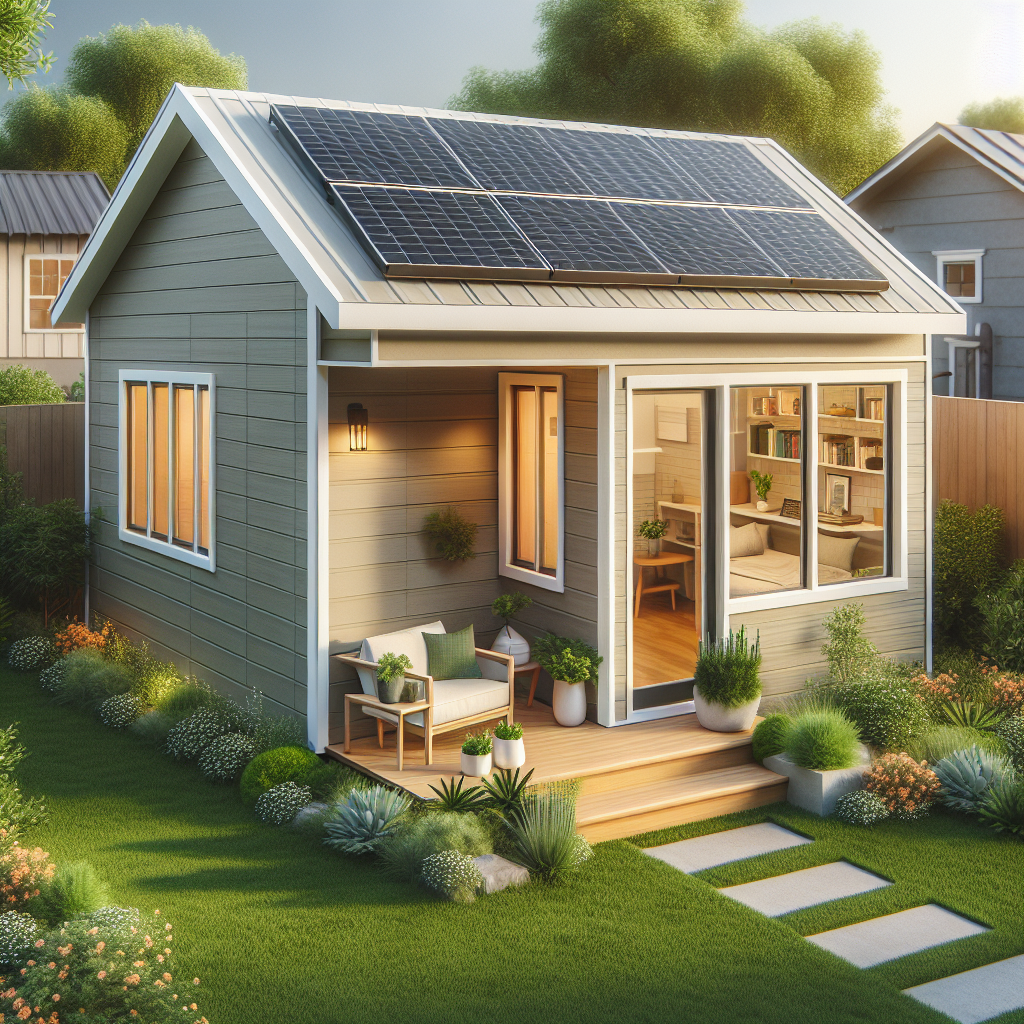 A modern detached accessory dwelling unit (ADU) in a backyard setting, showcasing sustainable design elements like solar panels and green landscaping