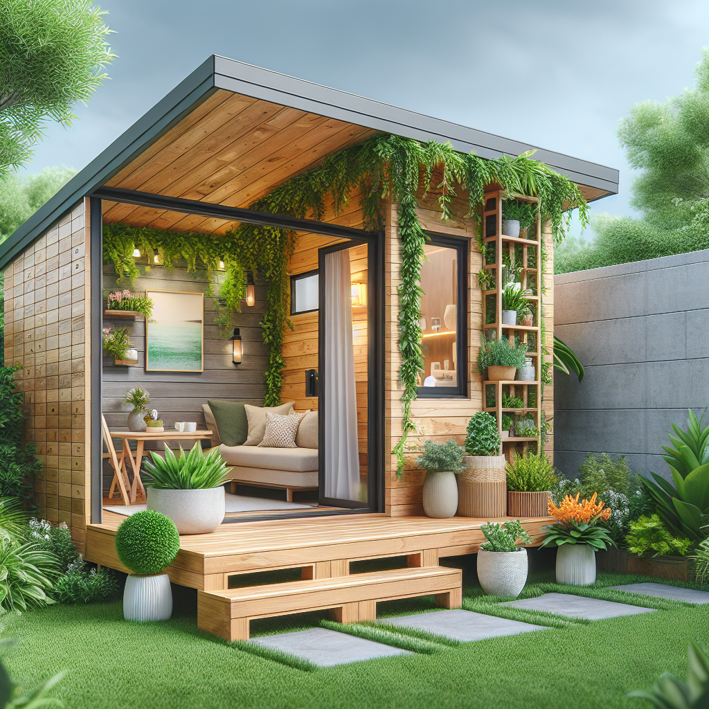A modern backyard ADU design with eco-friendly features, showcasing a cozy living space surrounded by greenery