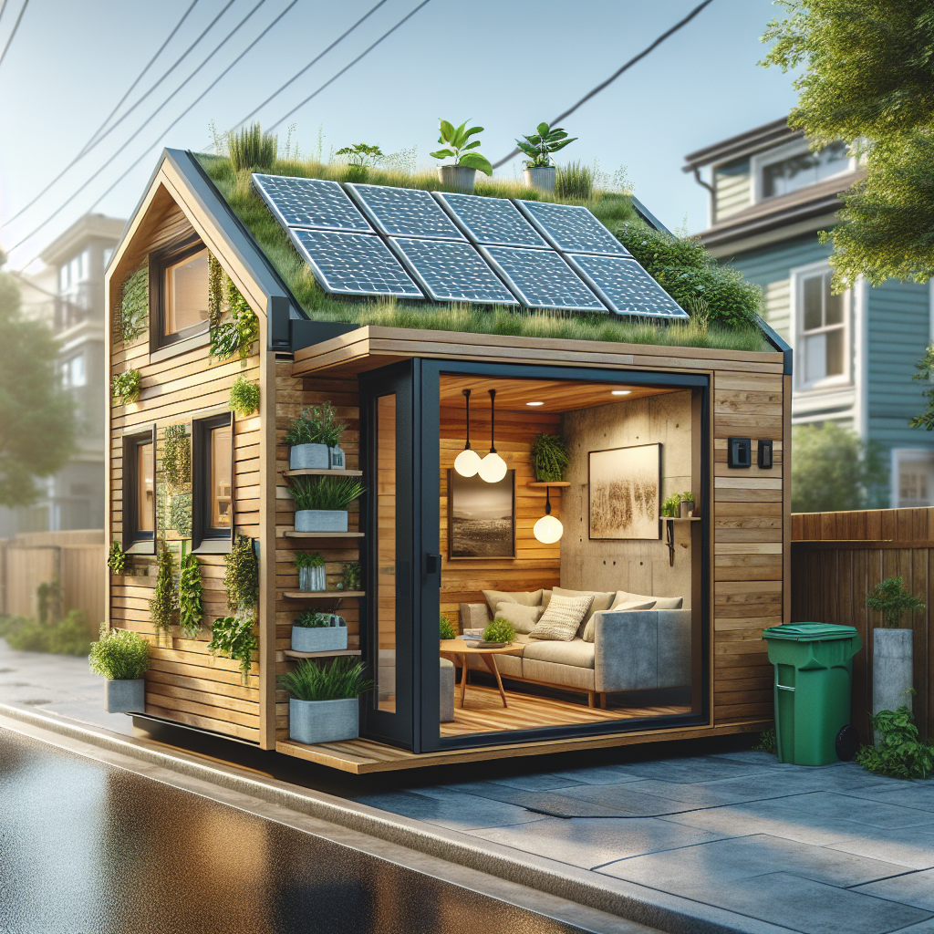 A beautifully designed sustainable accessory dwelling unit with solar panels, green roof, and rainwater harvesting system in an urban backyard setting
