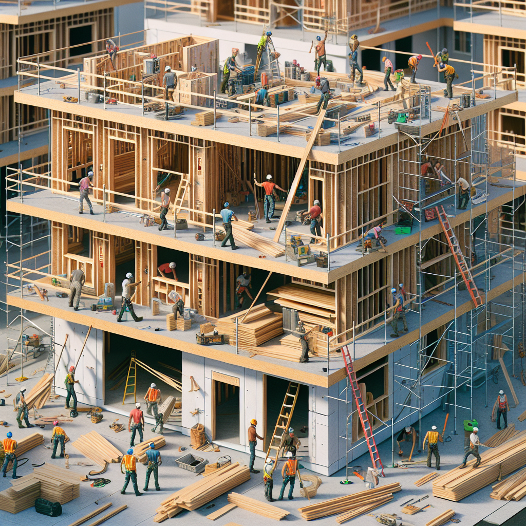 A modern accessory dwelling unit under construction with workers actively building it