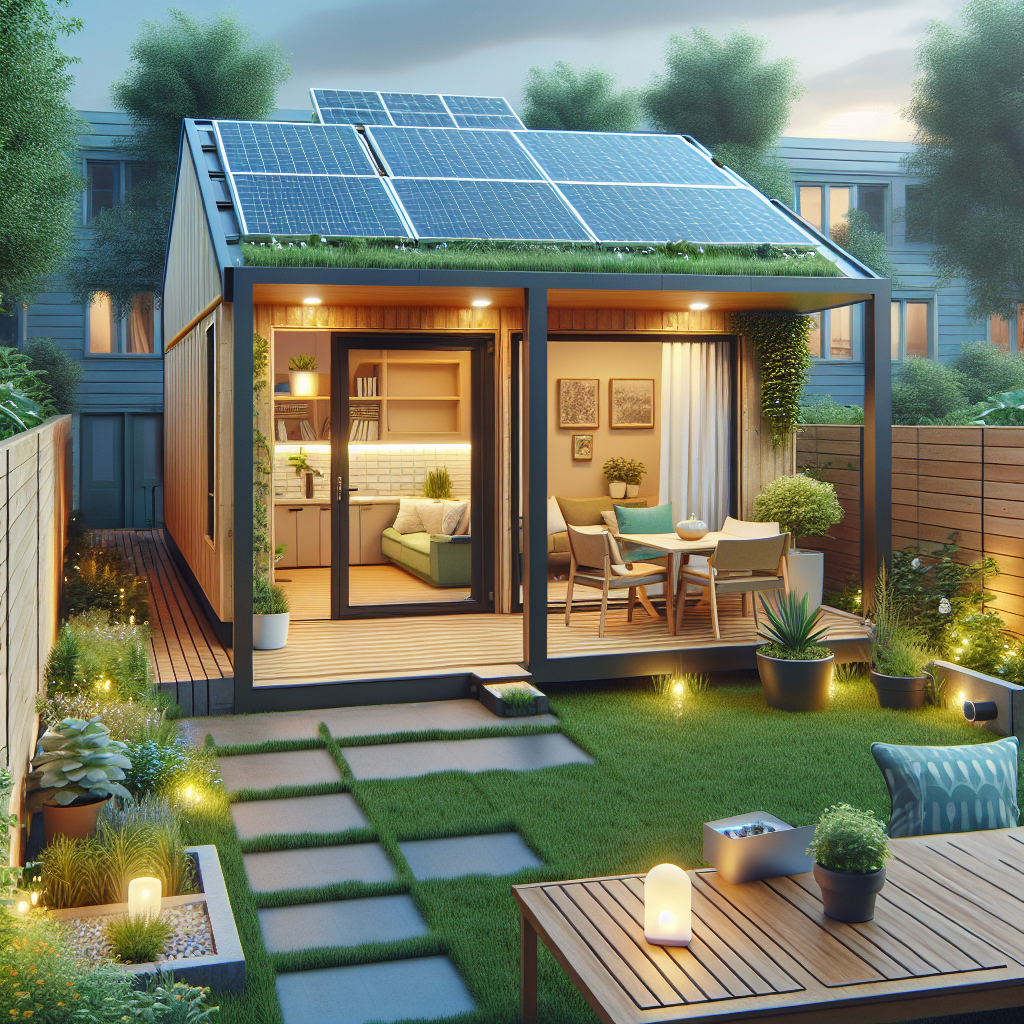 A modern accessory dwelling unit in a backyard setting, showcasing sustainable design elements and landscaping