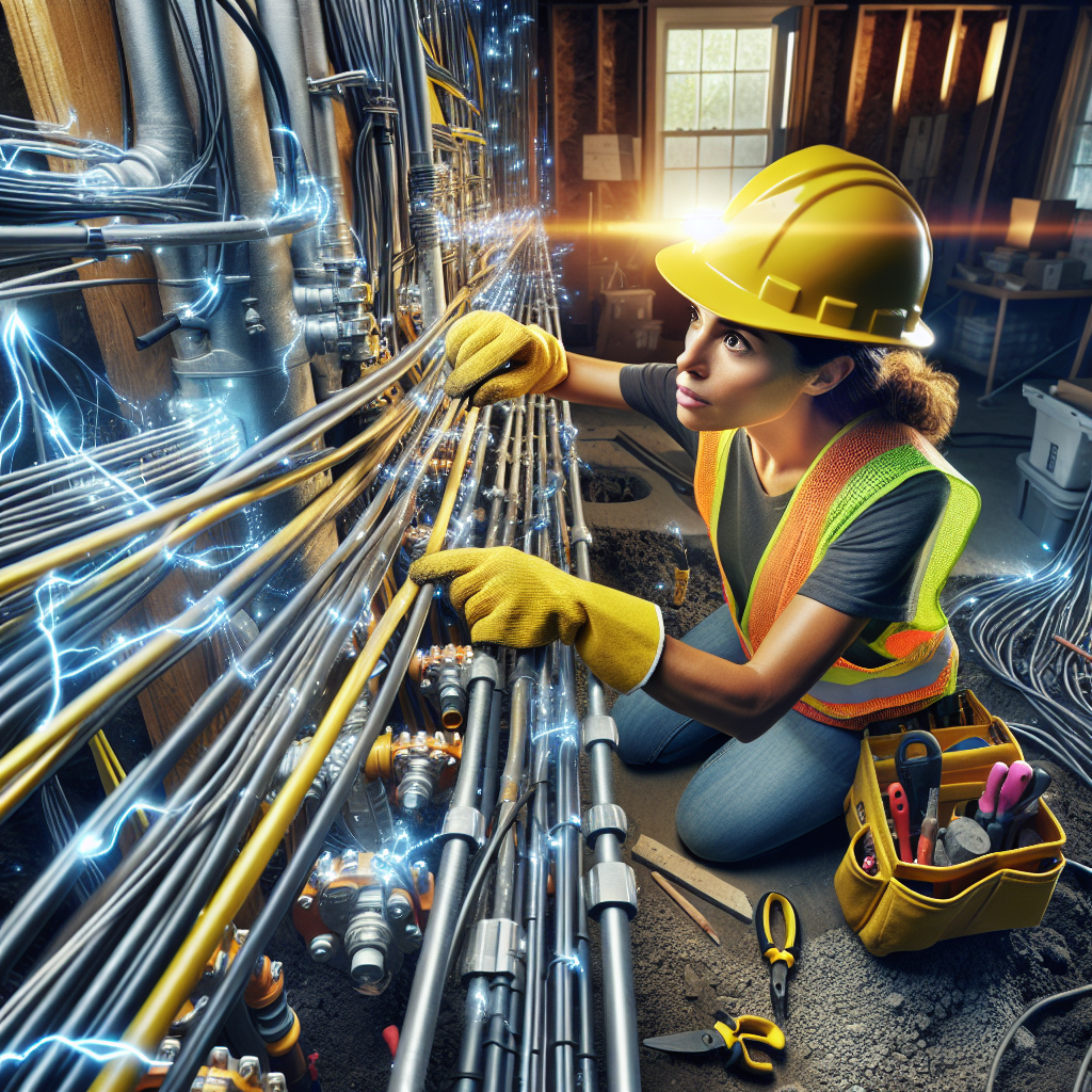 A construction worker connecting utilities at an accessory dwelling unit site with visible utility lines