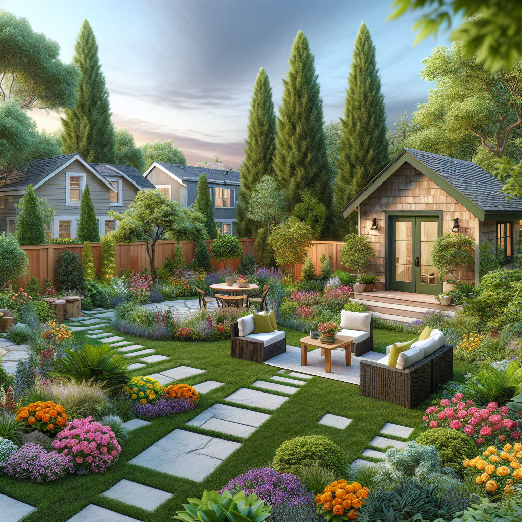A beautifully landscaped backyard with an accessory dwelling unit visible in the background