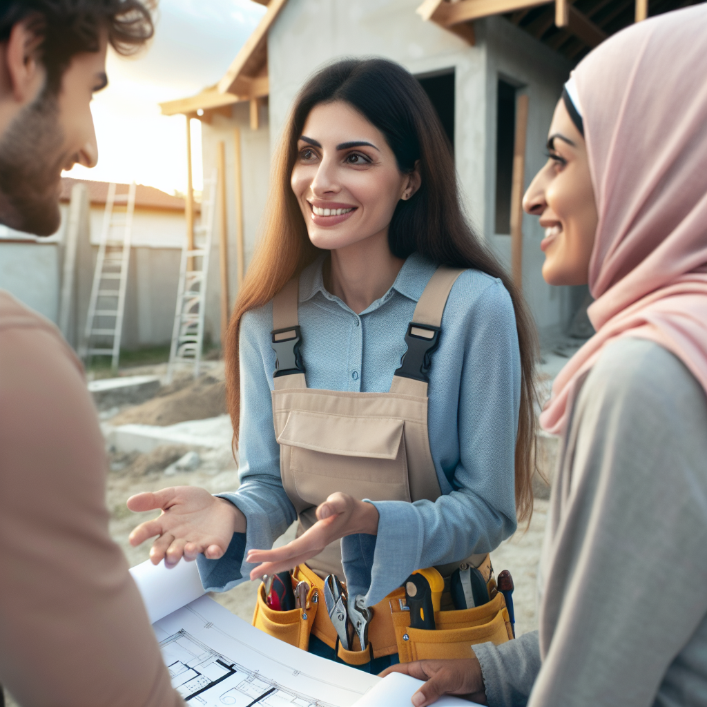 A friendly contractor discussing plans with homeowners at a construction site, showcasing blueprints and tools