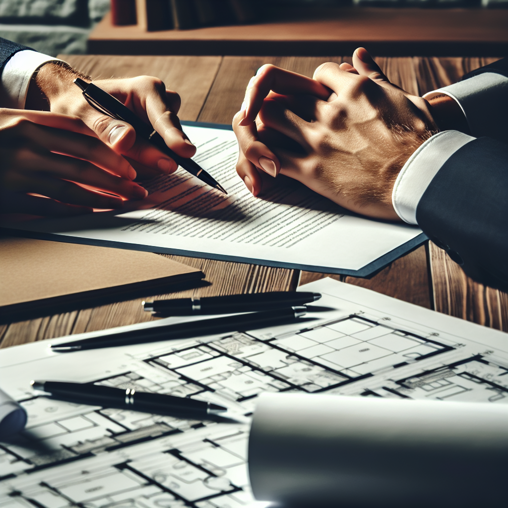 A close-up view of hands signing a construction contract at a table covered with blueprints