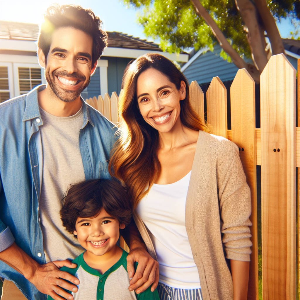 A happy family standing next to their newly installed wooden fence in a sunny backyard
