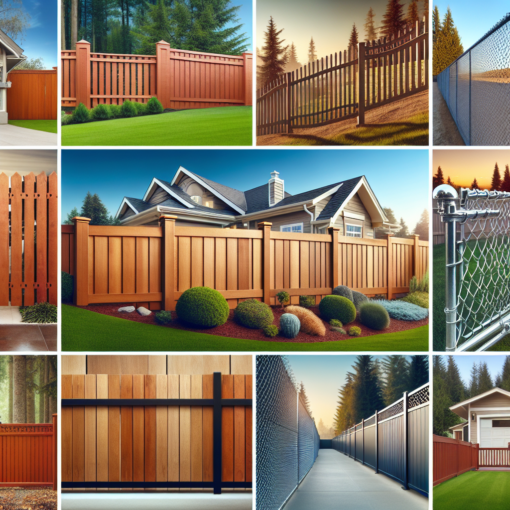 A collage of various types of fences including wood, vinyl, chain link, and metal in residential settings