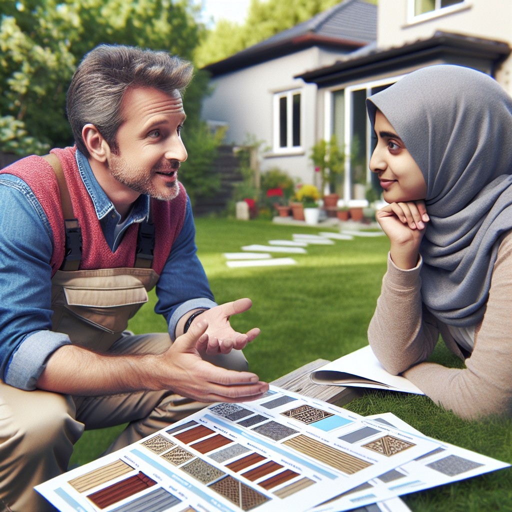 A friendly contractor discussing fencing options with a homeowner at their backyard