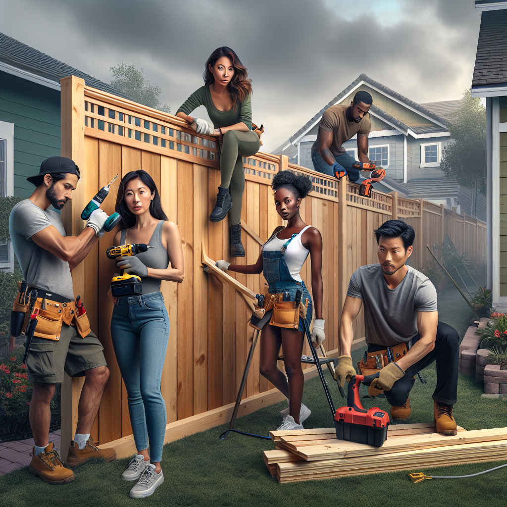 A professional team installing a wooden privacy fence in a backyard