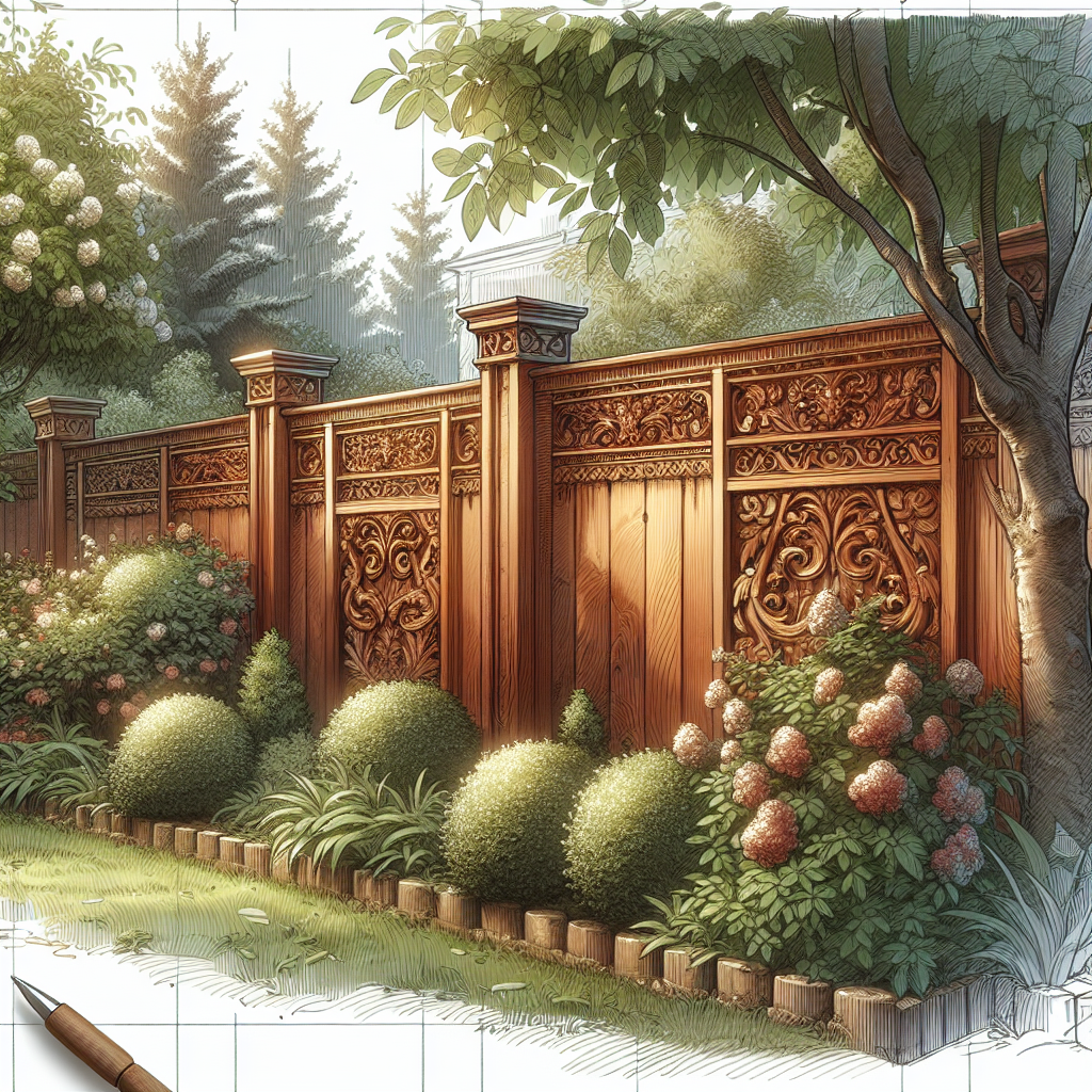 A beautifully crafted wooden fence with intricate designs in a residential backyard setting
