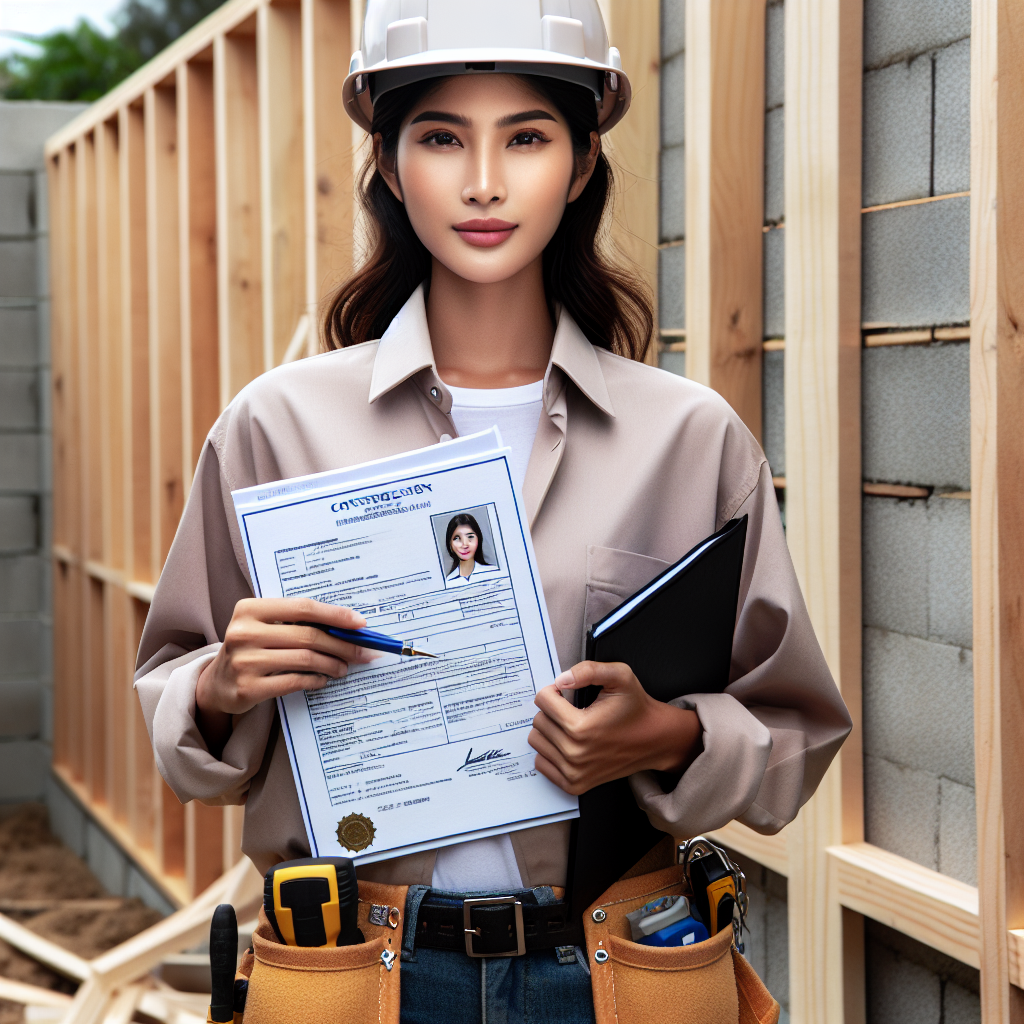 A professional fence builder showing their license and insurance documents at a job site