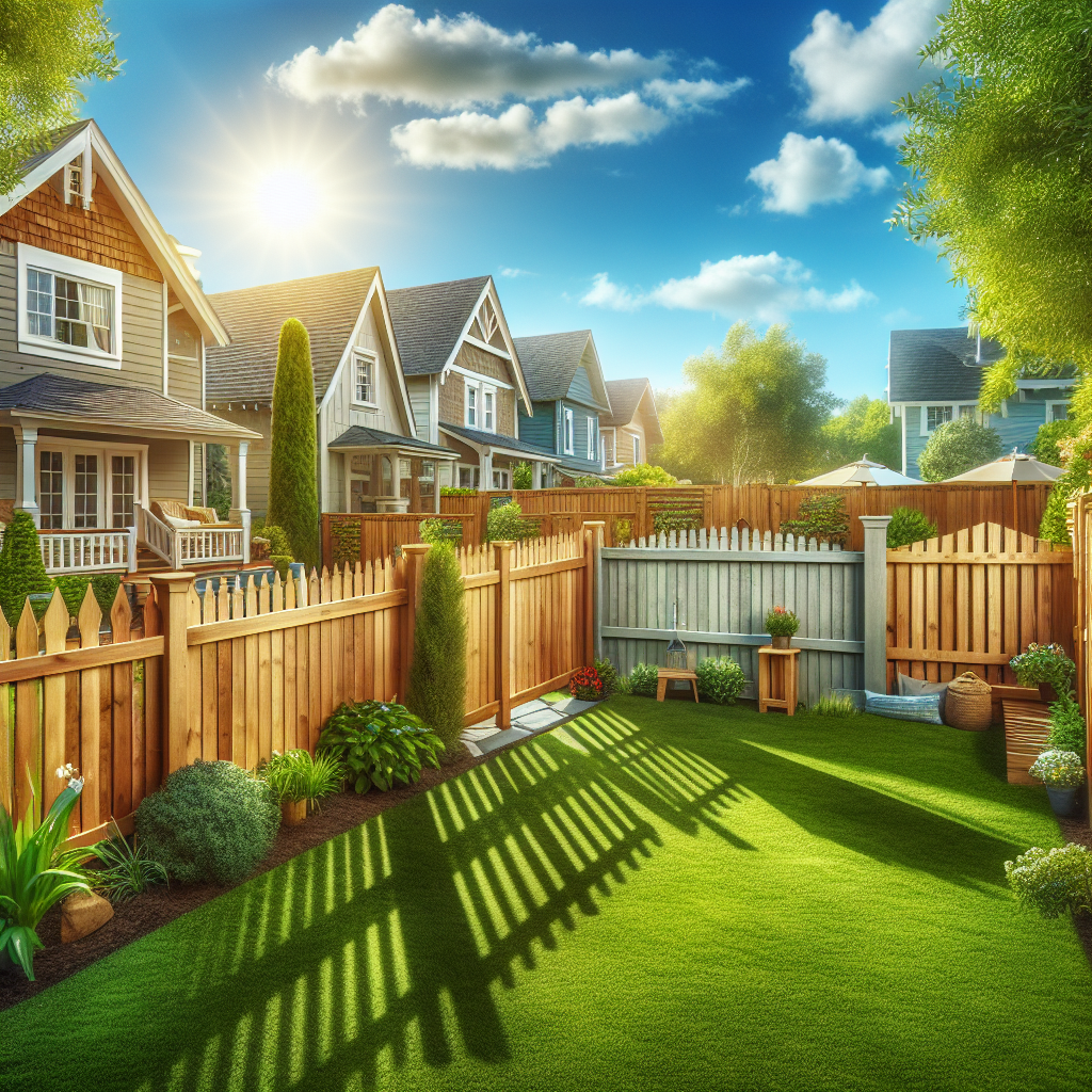 A beautiful backyard with various types of fences including wooden, vinyl, and chain link. The scene should be vibrant and inviting, showcasing different styles like picket fences and privacy fences in a sunny outdoor setting.