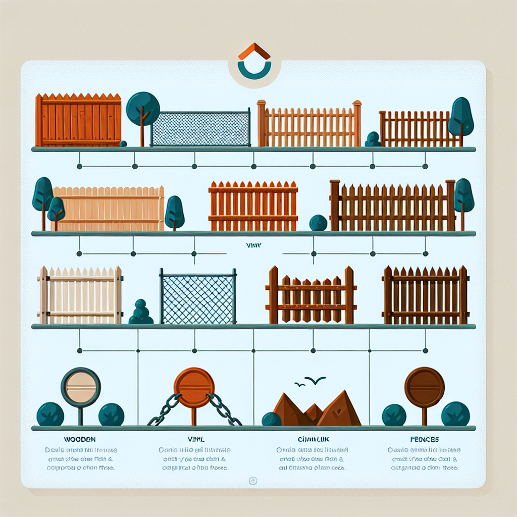 A comparison chart showcasing different types of fences including wooden, vinyl, chain link with pros and cons listed