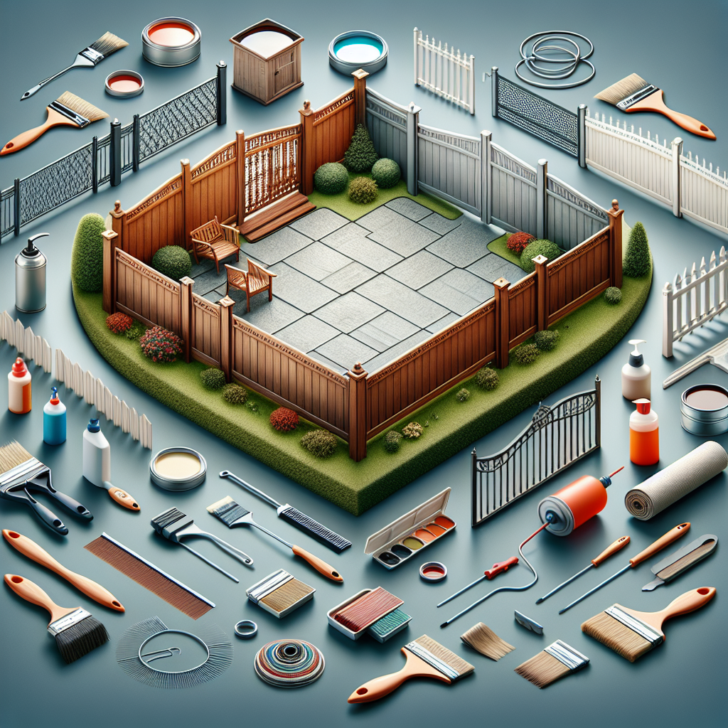 A variety of fencing types including wooden, vinyl, aluminum and wrought iron with maintenance tools like brushes and sealants nearby