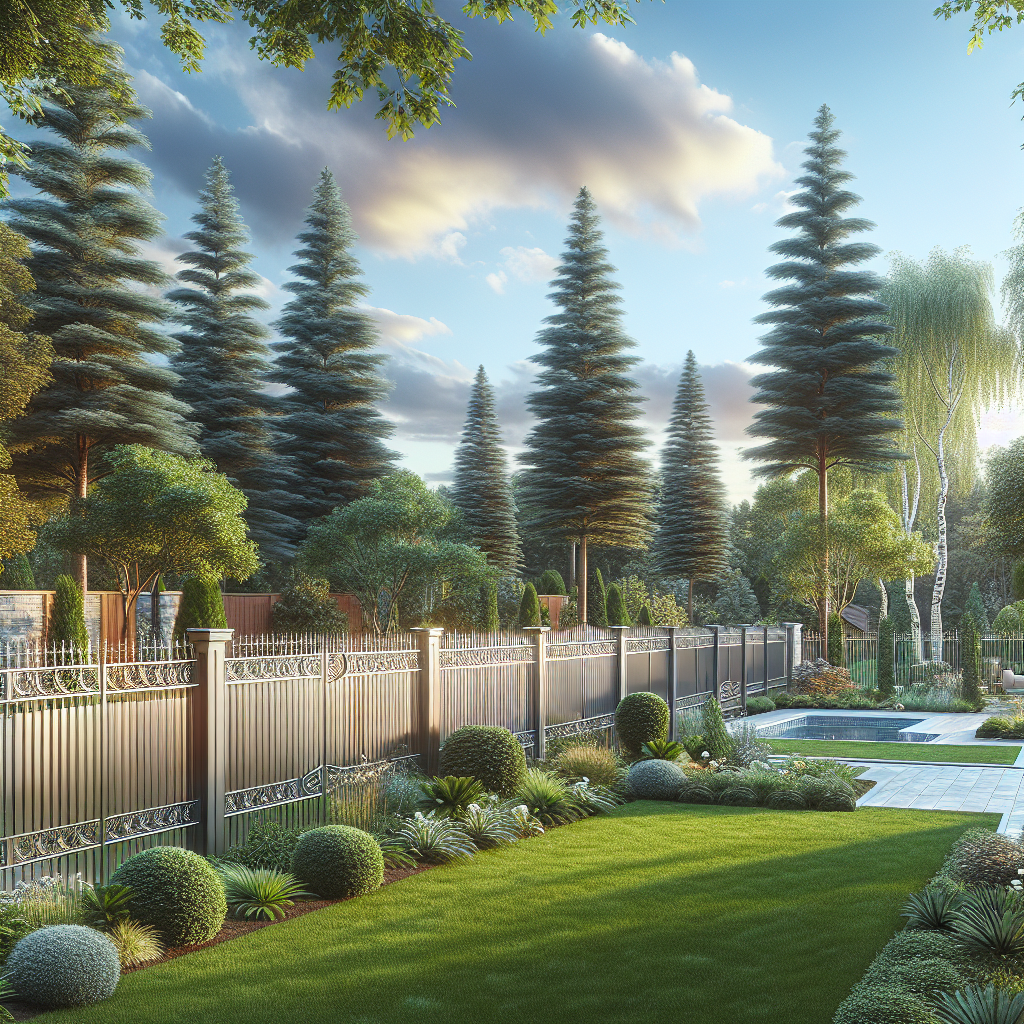 A beautifully landscaped yard with a modern aluminum fence, showcasing different styles including ornamental and decorative designs