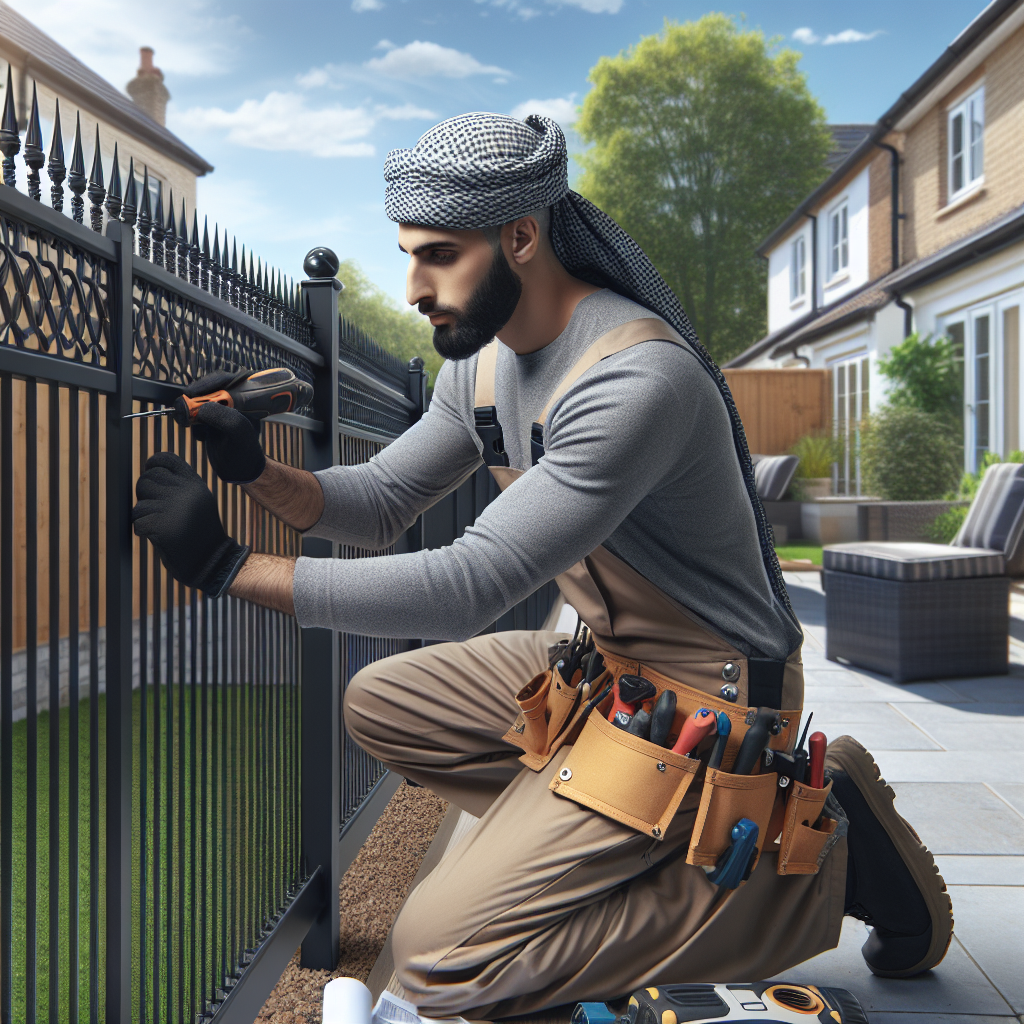 A professional installer working on an elegant black aluminum fence in a residential backyard setting