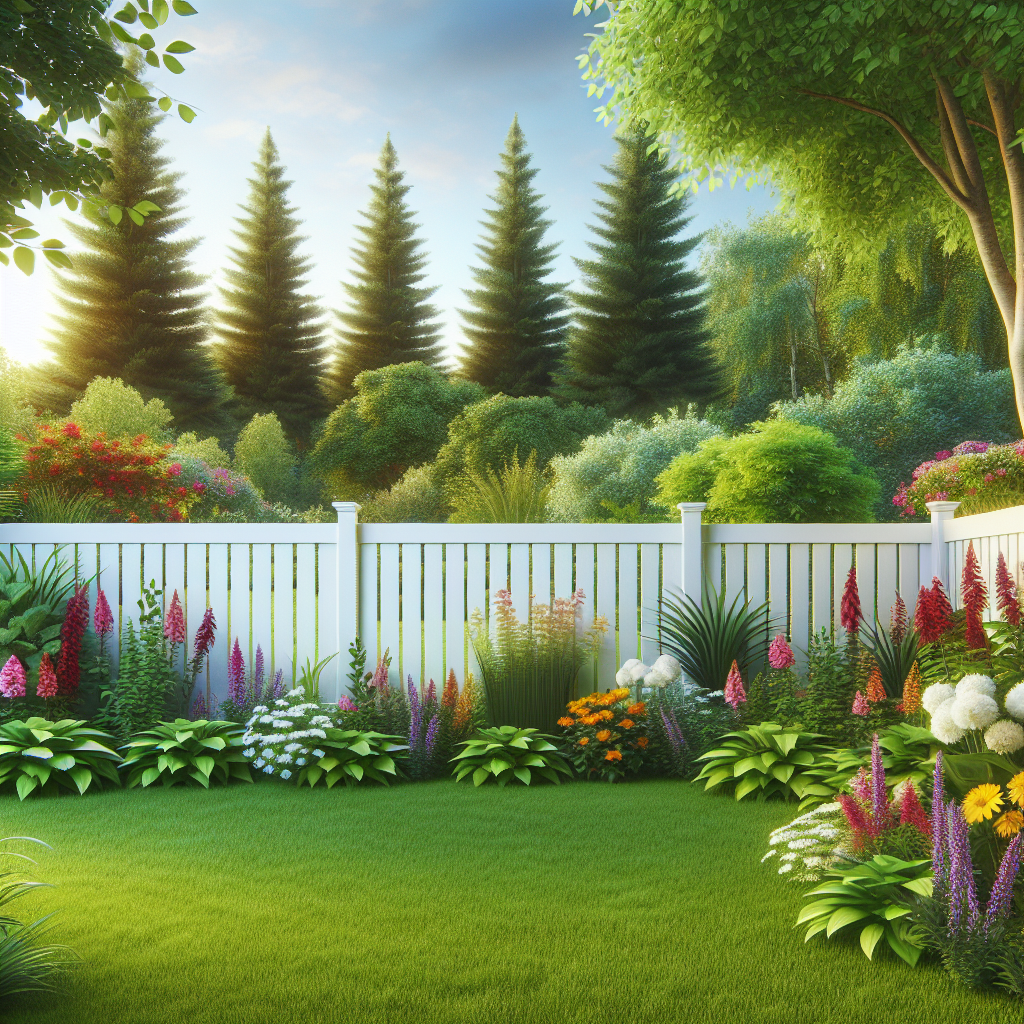 A beautiful backyard with a white vinyl fence surrounded by vibrant flowers and greenery