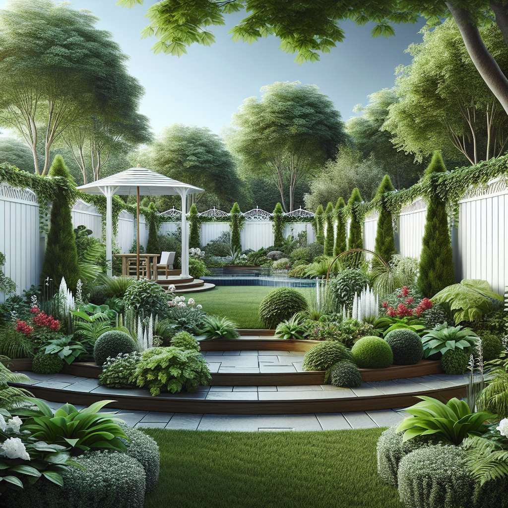 A beautiful backyard featuring various styles of white vinyl fences with greenery