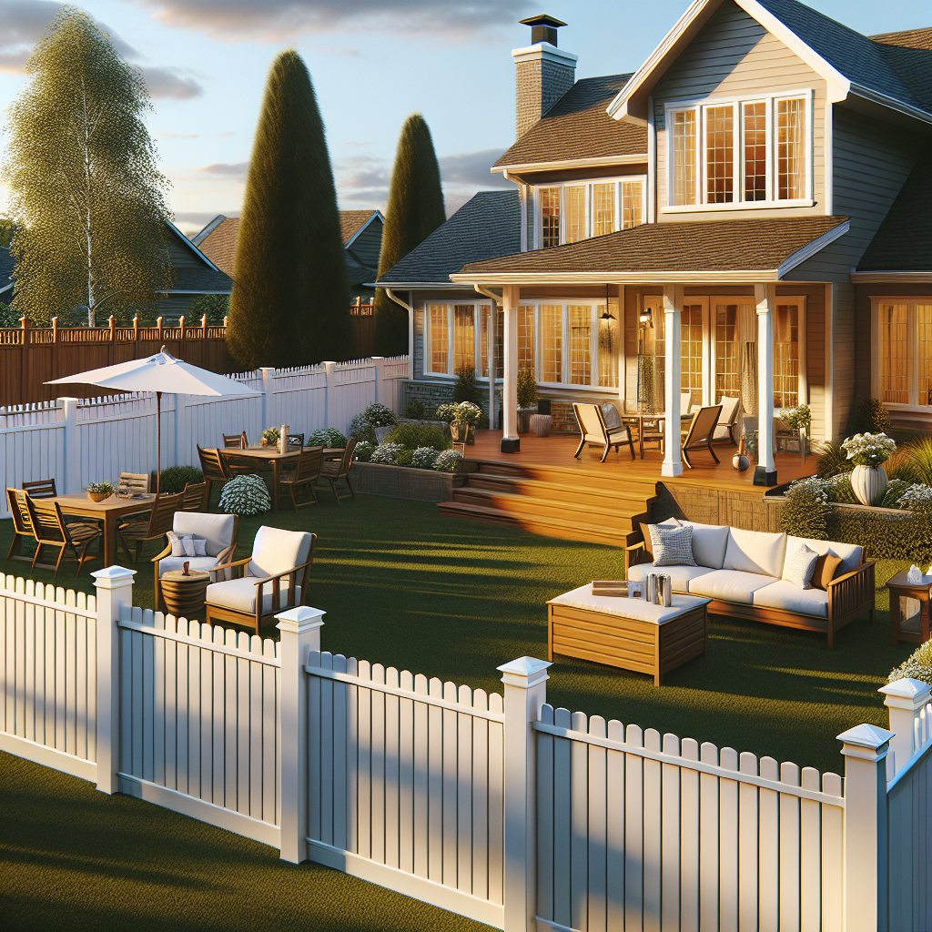 An array of different types of vinyl fencing solutions displayed in a residential backyard setting