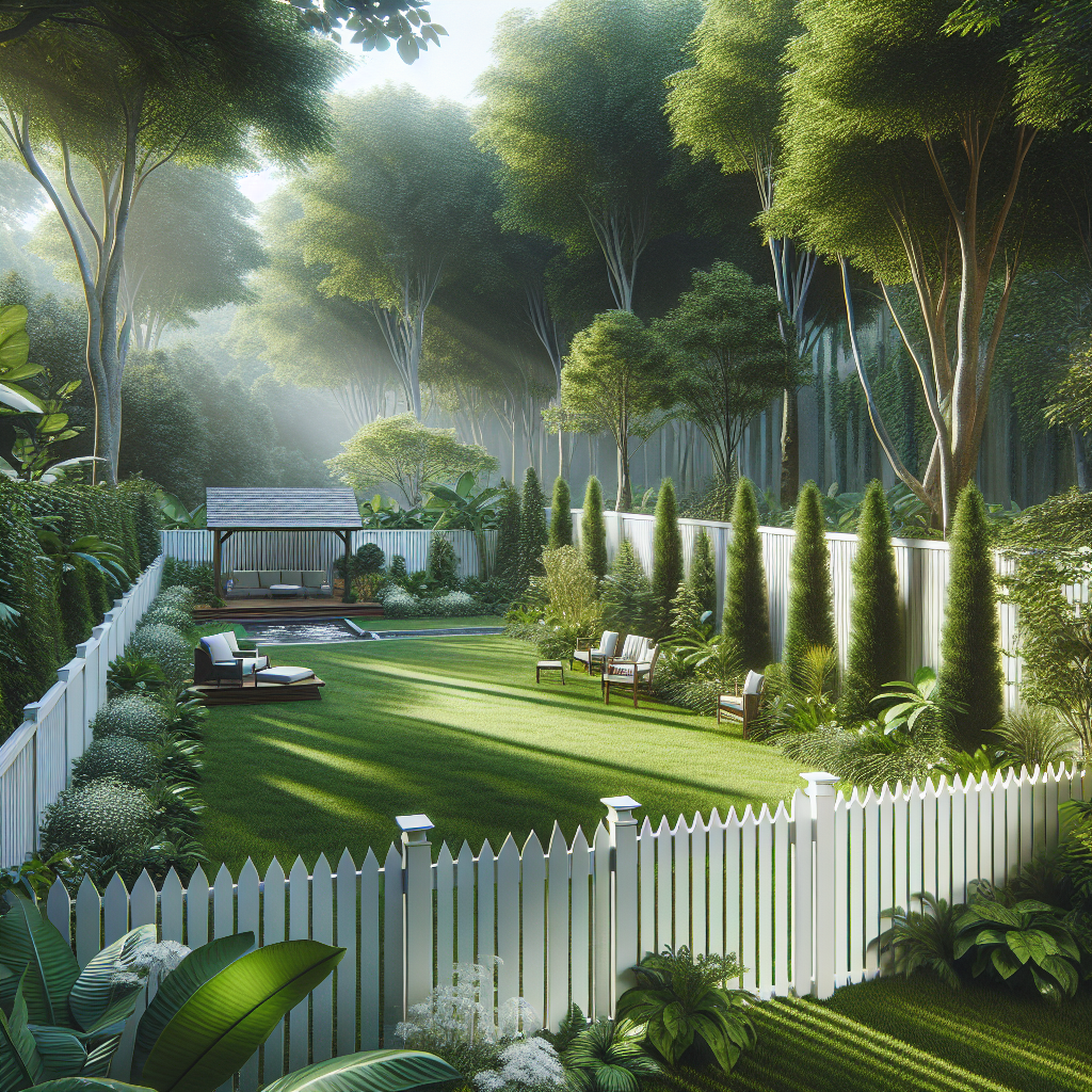 A beautiful backyard featuring a white vinyl privacy fence surrounded by lush greenery