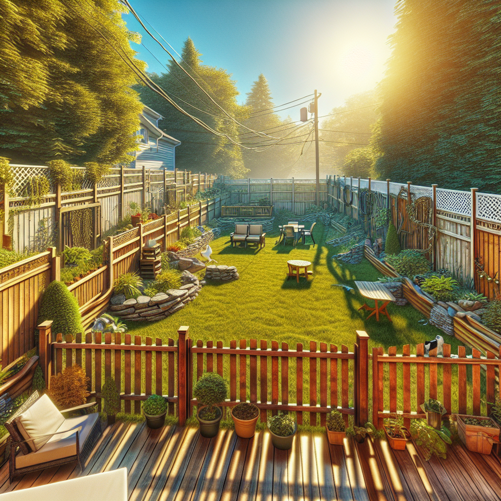 A vibrant backyard with various types of fences including wood, vinyl, and chain link; showcasing both well-maintained and damaged sections; sunny day