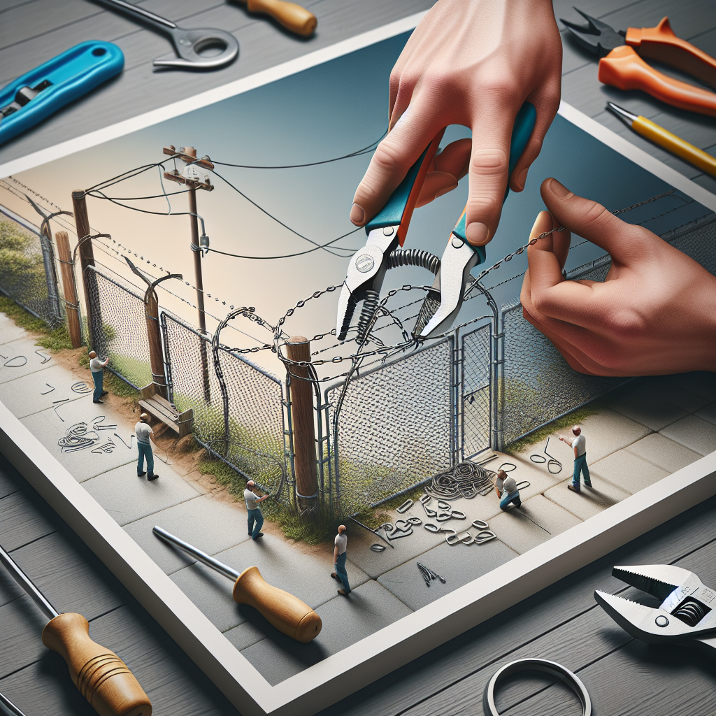 A hands-on demonstration of repairing a chain link fence with tools like pliers and wire cutters
