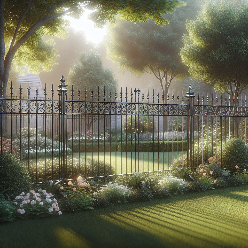 A beautifully maintained wrought iron fence with no rust and straight bars in a garden setting
