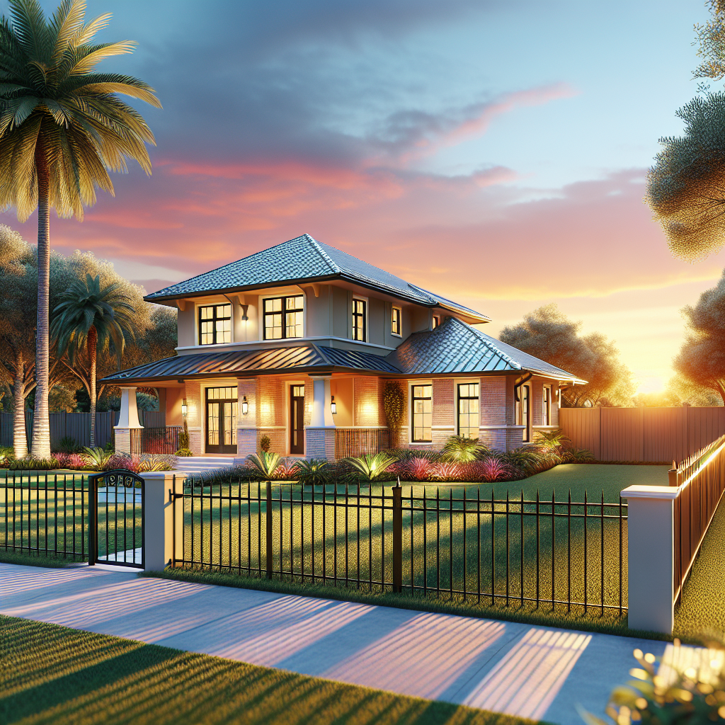A beautiful Florida home with a stylish aluminum fence surrounding it during sunset