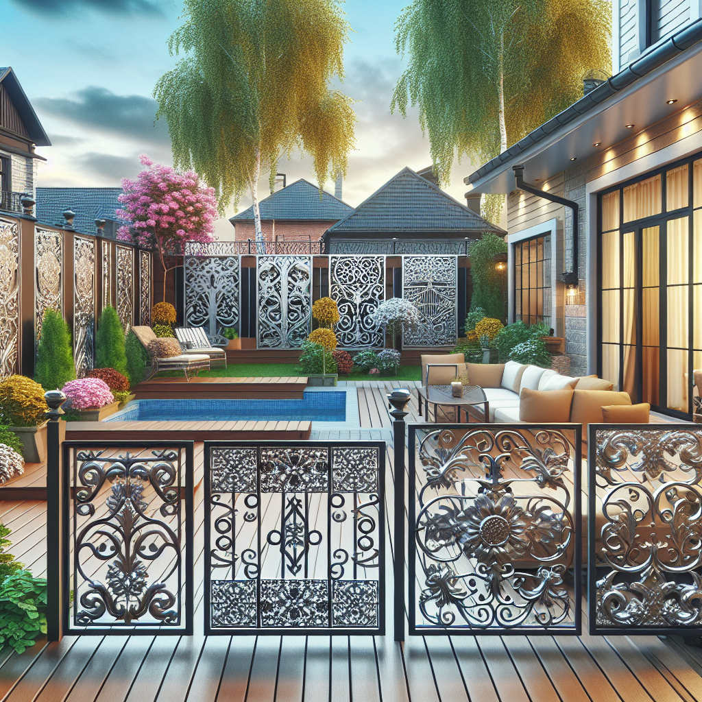A beautiful residential backyard featuring decorative aluminum fencing in various styles including modern and ornamental designs