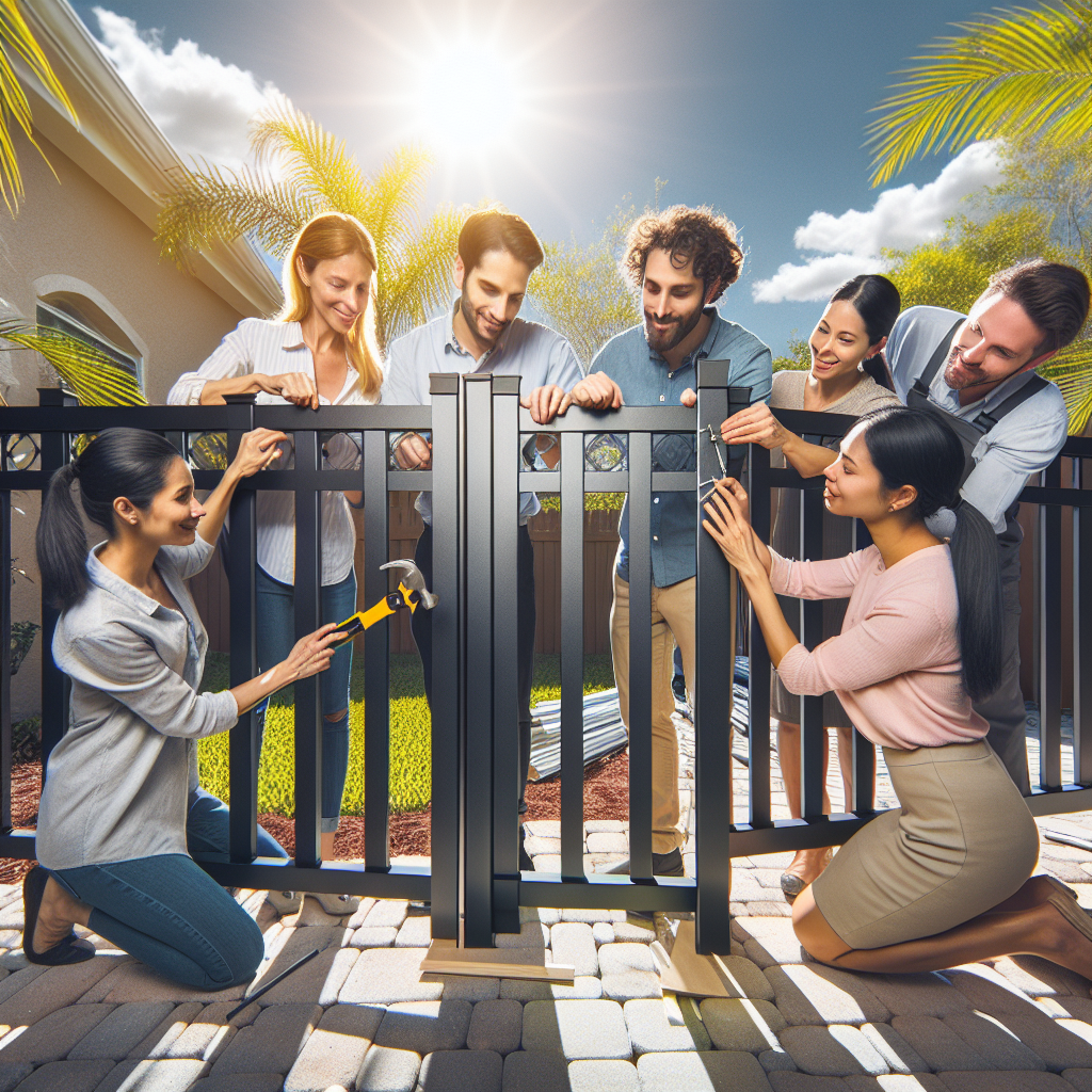 A professional team installing an elegant black aluminum fence in a sunny Florida backyard
