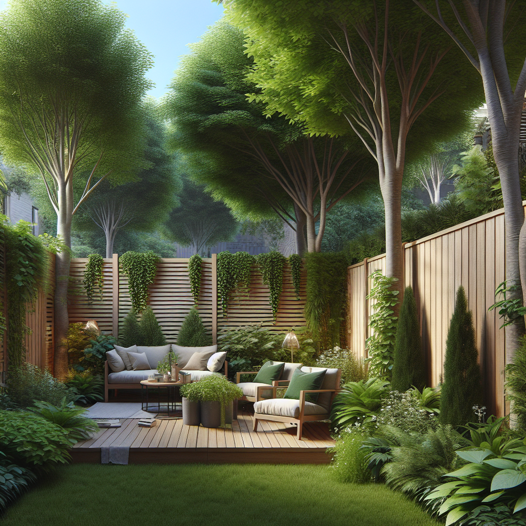 A beautiful backyard sanctuary featuring various types of privacy fences like wood, vinyl, and plants. A cozy seating area with greenery surrounding it.