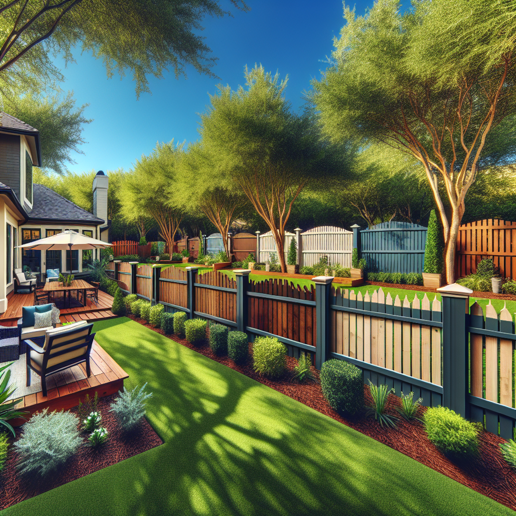 A beautiful backyard showcasing various types of privacy fences including wood, vinyl, metal, composite, bamboo garden fencing