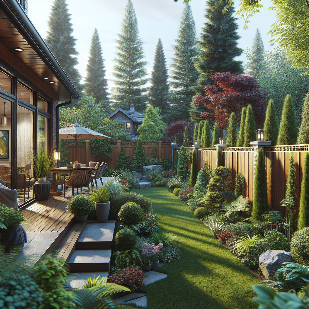 A beautifully landscaped backyard featuring different heights of privacy fences including wood, vinyl and plants