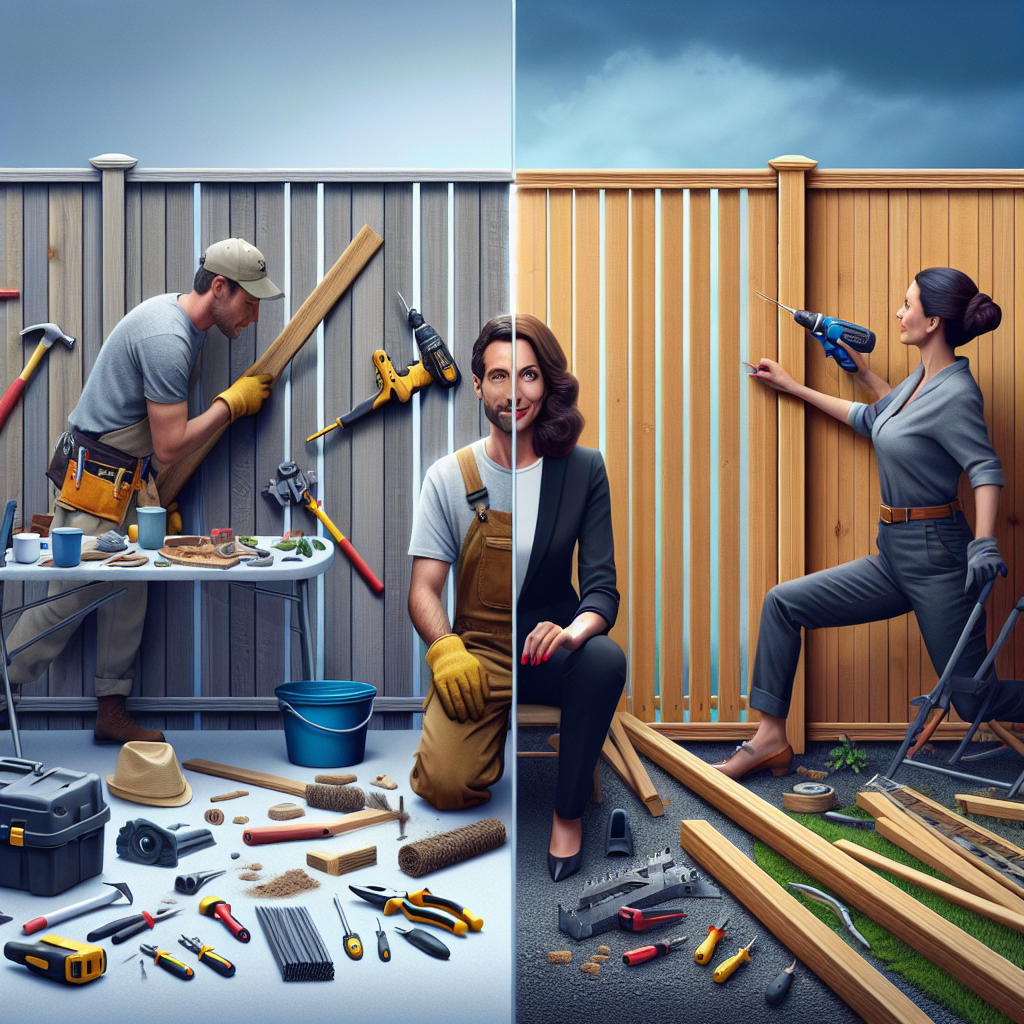 A side-by-side comparison of DIY vs professional privacy fence installation showing tools, materials, and workers