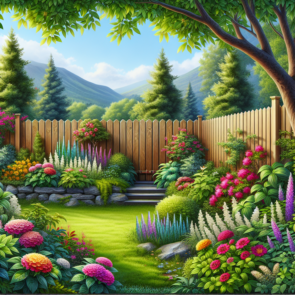 A well-maintained wooden fence in a backyard setting with vibrant flowers and greenery