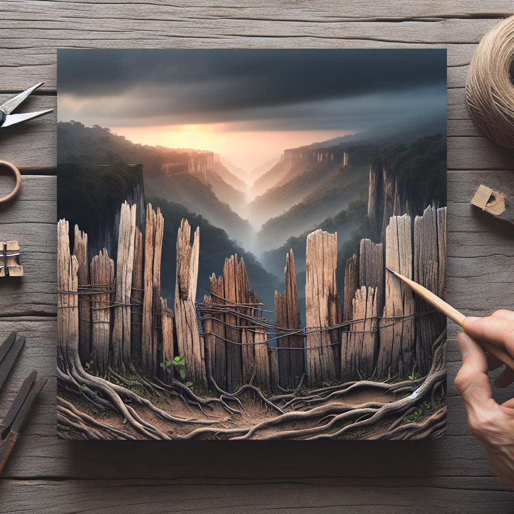 A close-up shot of a wooden fence showing visible damage like rot and cracks